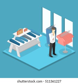 Isometric infographic flat 3D concept vector interior of clothing store inside.