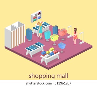 Isometric infographic flat 3D concept vector interior of clothing store inside.