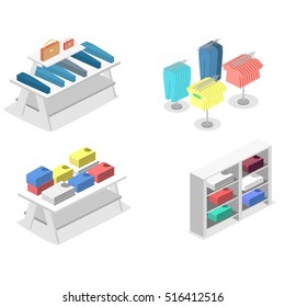 Isometric infographic flat 3D concept vector interior of clothing store inside.