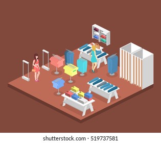 Isometric infographic flat 3D concept vector interior of clothing store inside.