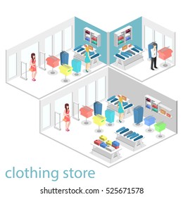 Isometric infographic flat 3D concept interior of clothing store inside.