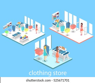 Isometric infographic flat 3D concept interior of clothing store inside.