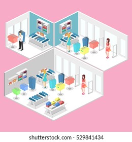 Isometric infographic flat 3D concept interior of clothing store inside.