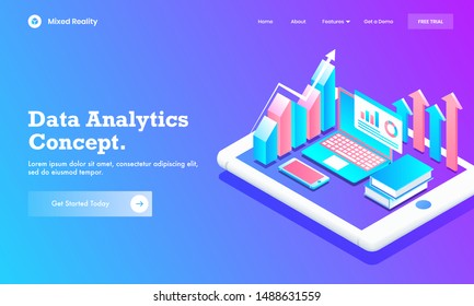 Isometric infographic graph chart with laptop, book and mobile on tablet screen for Data Analytics concept website poster or landing page design.