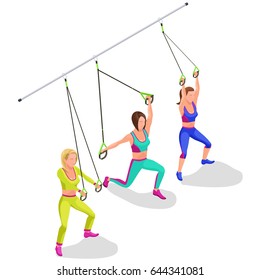 Isometric infographic illustration with  group of girls doing suspension workout with straps, belts and other sports equipment