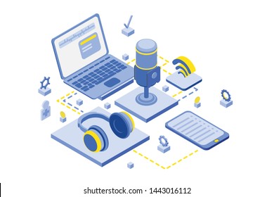 Isometric infographic illustration for podcasting banners and templates. 3D equipment collection for blogging, webinar, podcasting and broadcasting, online radio. Isometric vector concept illustration