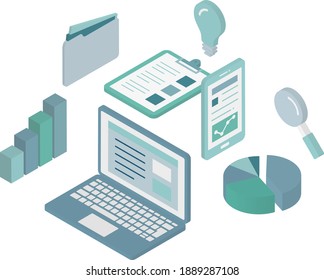 Isometric and infographic illustrations related to business and marketing.
There are PCs, smartphones, graphs, light bulbs, binders, data, etc.