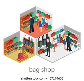 isometric infographic. interior of luggage shop. Flat 3D vector illustration.