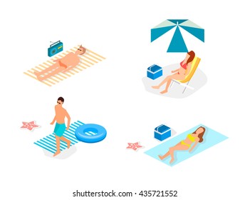 Isometric Infographic Landscape With Sea And People On The Beach. Isometric Flat 3D Landscape. Set Of Object