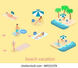 Isometric Infographic Landscape With Sea And People On The Beach. Isometric Flat 3D Landscape. Set Of Object