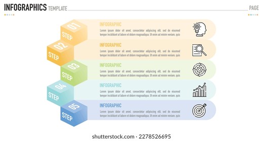 Plantilla o elemento infográfico isométrico como vector con 5 pasos, proceso, opción, capa cúbica 3D colorida, caja, escalera, cuadrado, rectángulo, iconos, diapositiva para la venta, mínimo, moderno, sencillo estilo, escalera