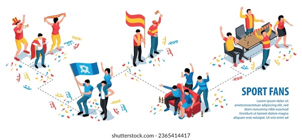 Isometric infographic template with groups of sport fans cheering for their favourite teams 3d vector illustration