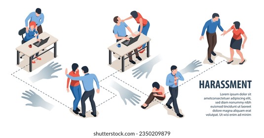 Isometric infographic template with text field and situations of harassment in office 3d vector illustration