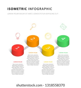 isometric infographic timeline template with realistic 3d cylindrical elements and marketing icons. modern business process diagram for brochure, banner, annual report and presentation. eps10