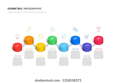 isometric infographic timeline template with realistic 3d cylindrical elements and marketing icons. modern business process diagram for brochure, banner, annual report and presentation. eps10