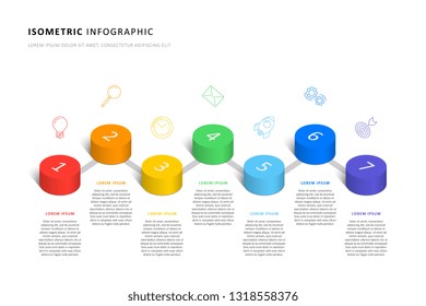 isometric infographic timeline template with realistic 3d cylindrical elements and marketing icons. modern business process diagram for brochure, banner, annual report and presentation. eps10
