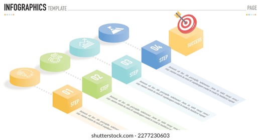 Isometric infographic as a vector with 4 step, process, option to success, colorful rectangle, circular, circle, rectangular, ladder, box white background for sale slide, minimal modern simple style 