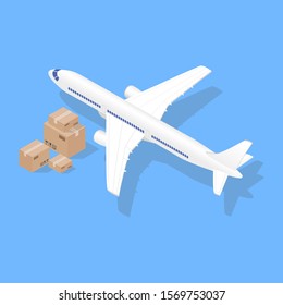Isometric infographic vector illustration with plane and box. Delivery tracking concept.