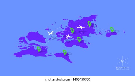 Isometric Infographic Vector Illustration With Planes, Dotted Direction Paths And Map Pointers Over Worldmap. Template For Plane Tracking Design.