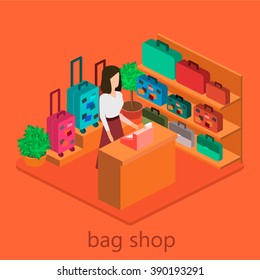 isometric infographic.Flat interior of luggage shop.