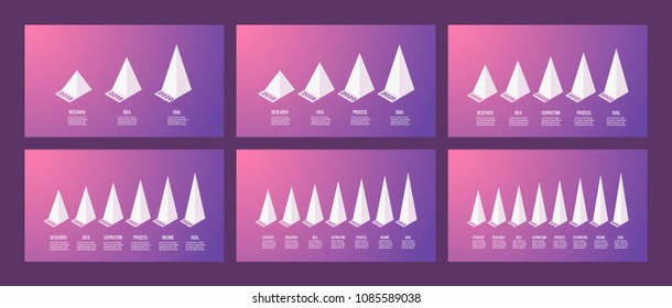 Isometric infographics with 3, 4, 5, 6, 7, 8 options, pyramids, years. Vector templates.