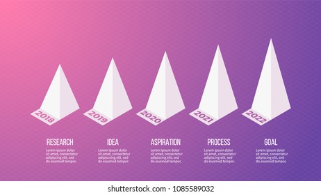 Isometric infographics with 5 options, pyramids, years. Vector template.