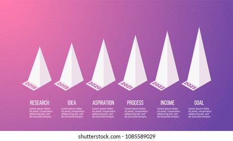 Isometric infographics with 6 options, pyramids, years. Vector template.