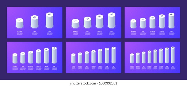 Isometric Infographics, Bar Chart, Diagram With 3, 4, 5, 6, 7, 8 Options, Tubes, Steps. Vector Template.