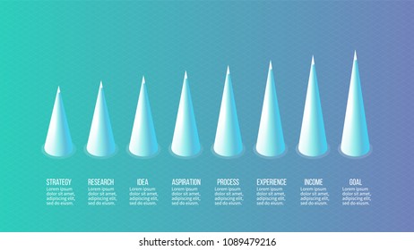 Isometric infographics, bar chart, diagram with 8 options, cones, steps. Vector template.