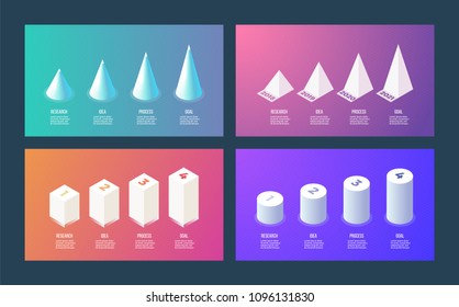 Isometric infographics, bar chart, diagram with 4 options, tubes, pyramids, years, steps. Vector 3d elements.