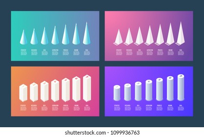 Isometric infographics, bar chart, diagram with 7 options, tubes, pyramids, years, steps. Vector template.