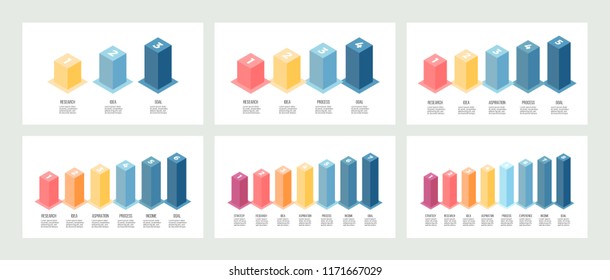 Isometric Infographics, Bar Chart, Diagram With 3, 4, 5, 6, 7, 8 Number Options, Steps. Vector Templates.