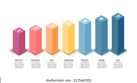 Isometric infographics, bar chart, diagram with 7 number options, steps. Vector template.