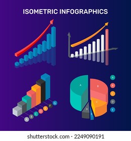 Isometric infographics. Business statistic digital infographic charts. Perfection percent column panel for website isometric concept set. Vector illustration isolated on blue background