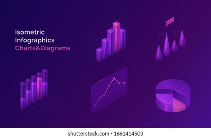 Isometric infographics charts and diagrams, 3d data analysis columns, infographic vector elements, financial information datum statistic. Template for business presentation, report or web site design svg