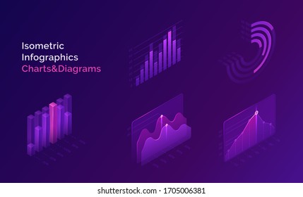Isometric infographics charts and diagrams, 3d data analysis columns, infographic vector elements, financial information datum statistic. Template for business presentation, report or web site design