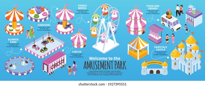 Isometric infographics with colorful attractions castle food stall circus in amusement park on blue background vector illustration