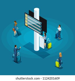 Isometric infographics concept of the waiting room of an international airport, business ladies and businessmen on a business trip.