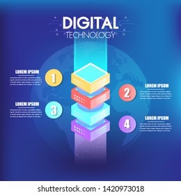 Isometric infographics design 4 options leves or steps for business concept success 3d boxes with planet, Can be used for presentations, workflow layout, process diagram, flow chart, info graph.