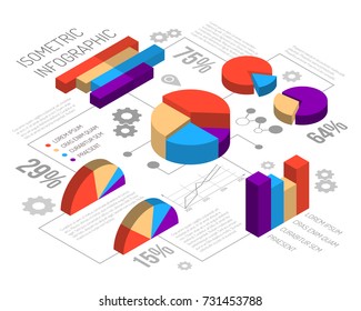 Isometric infographics design template with cumbersome circular graphs editable text percentage values and grey gear pictograms vector illustration