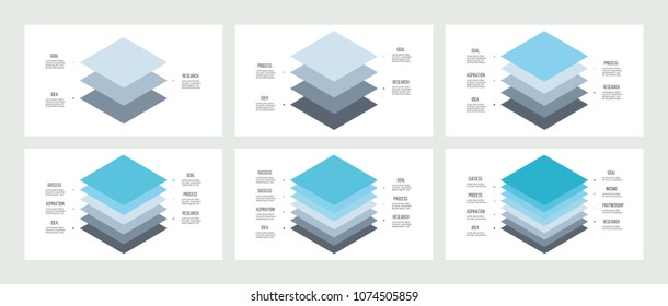 Isometric infographics. Diagrams, charts, graphs with 3, 4, 5, 6, 7, 8 options, levels, layers. Vector templates.