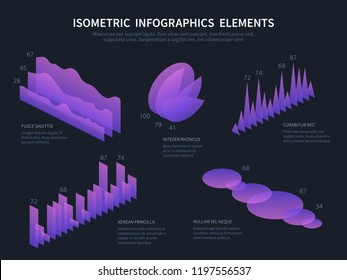 Isometric infographics elemnts. Business graphics, statistics data charts and financial bar diagrams. 3d infographic vector set. Illustration of purple 3d visualization, statistic business