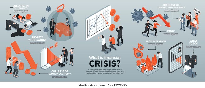 Isometric Infographics With Financial Crisis Icons And Depressed People 3d Vector Illustration