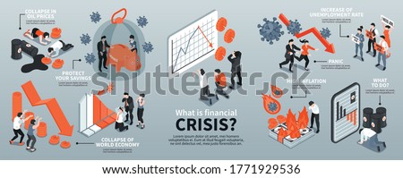 Isometric infographics with financial crisis icons and depressed people 3d vector illustration