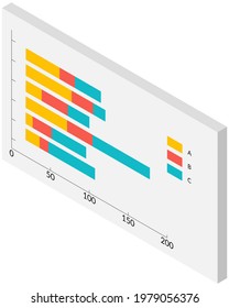 Isometric infographics. Financial strategy, visual presentation concept. Analysis of business statistics. Visualization of bar chart with columns of different colors shown on poster flat style