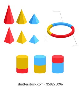 Isometric info-graphics geometric shapes set. Vector isolated on white background elements - colorful figures for graphics. Flat design style illustration.