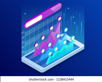 Isometric infographics inside smartphone, business trend analysis on smartphone screen with graphs, perspective. Market trend analysis on smartphone with graphs.