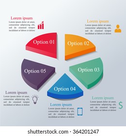Isometric infographics options template with 3d colorful circle divided into 5 parts. Can be used for workflow layout, diagram, number options, step up options, web design, infographics