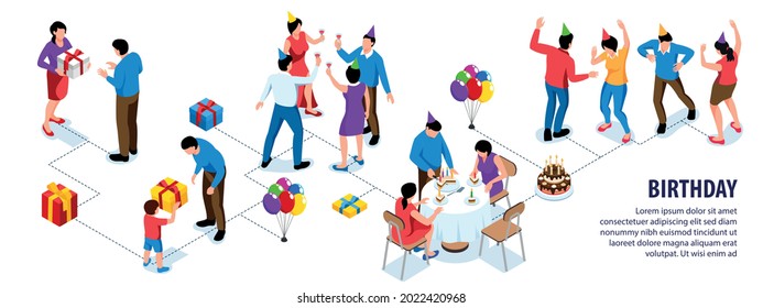 Isometric infographics with people dancing eating and giving presents at birthday party 3d vector illustration