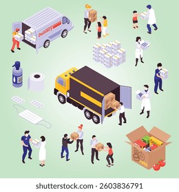 Isometric infographics with people providing humanitarian and medical support for needy